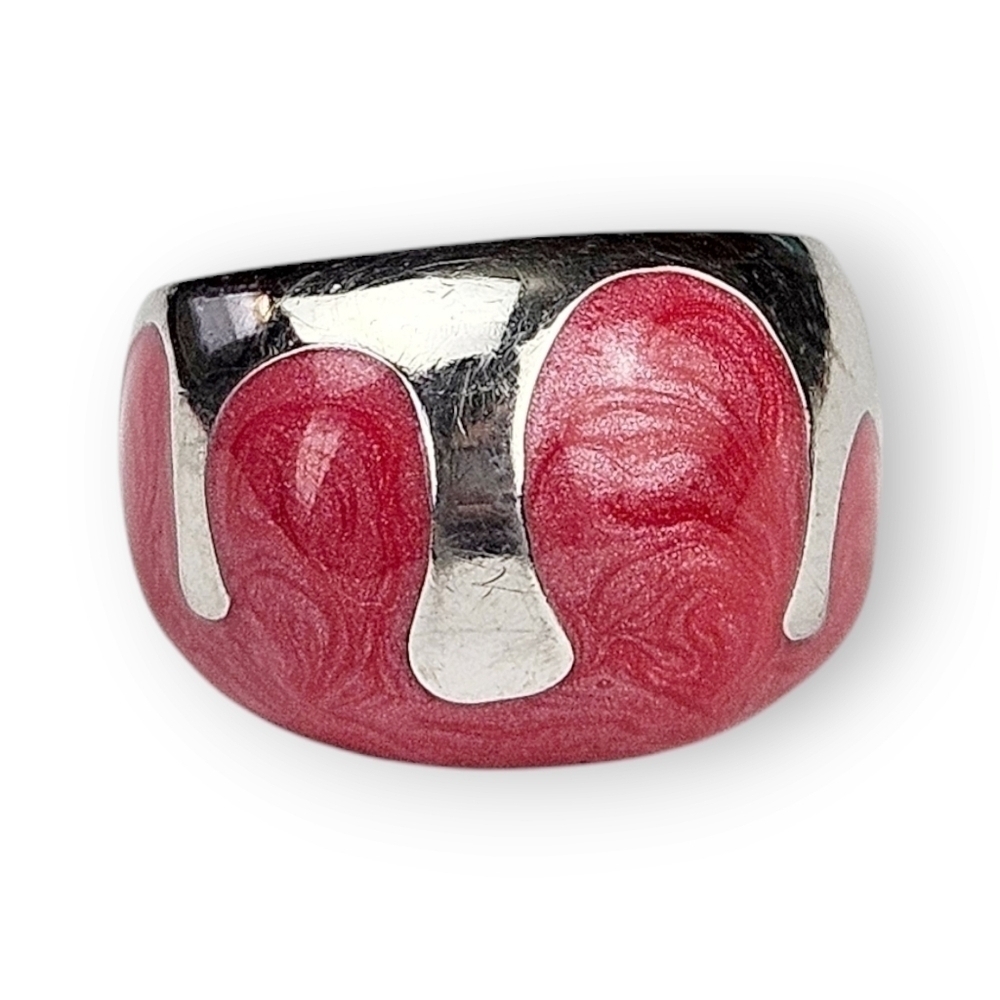 Sterling Enamel Domed Ring Pink Abstract Paint Drip Design 925 Silver Size 6